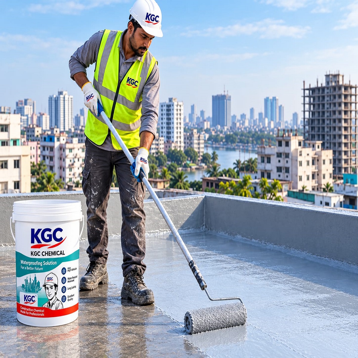 Technician applying waterproof coating to a concrete roof